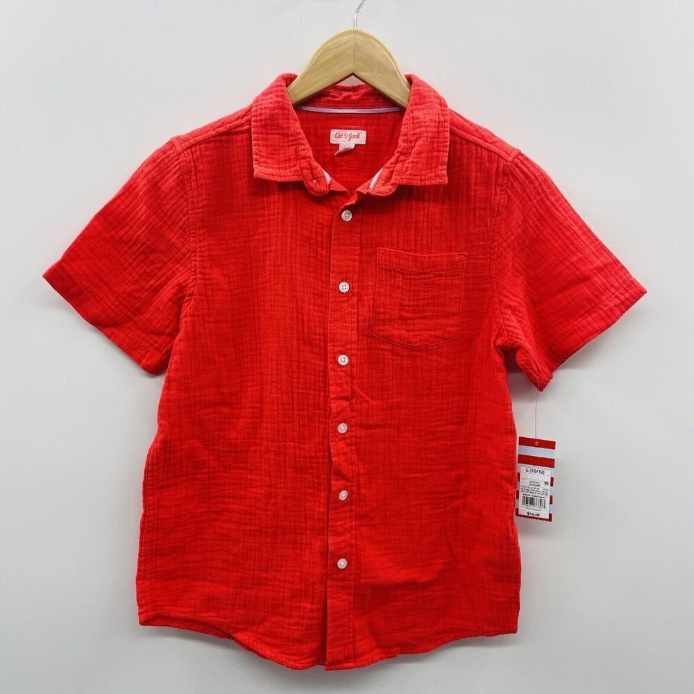 Cat‎ & Jack Youth Boys Large 10/12 Short Sleeve Gauze Woven Shirt in Red 2019
